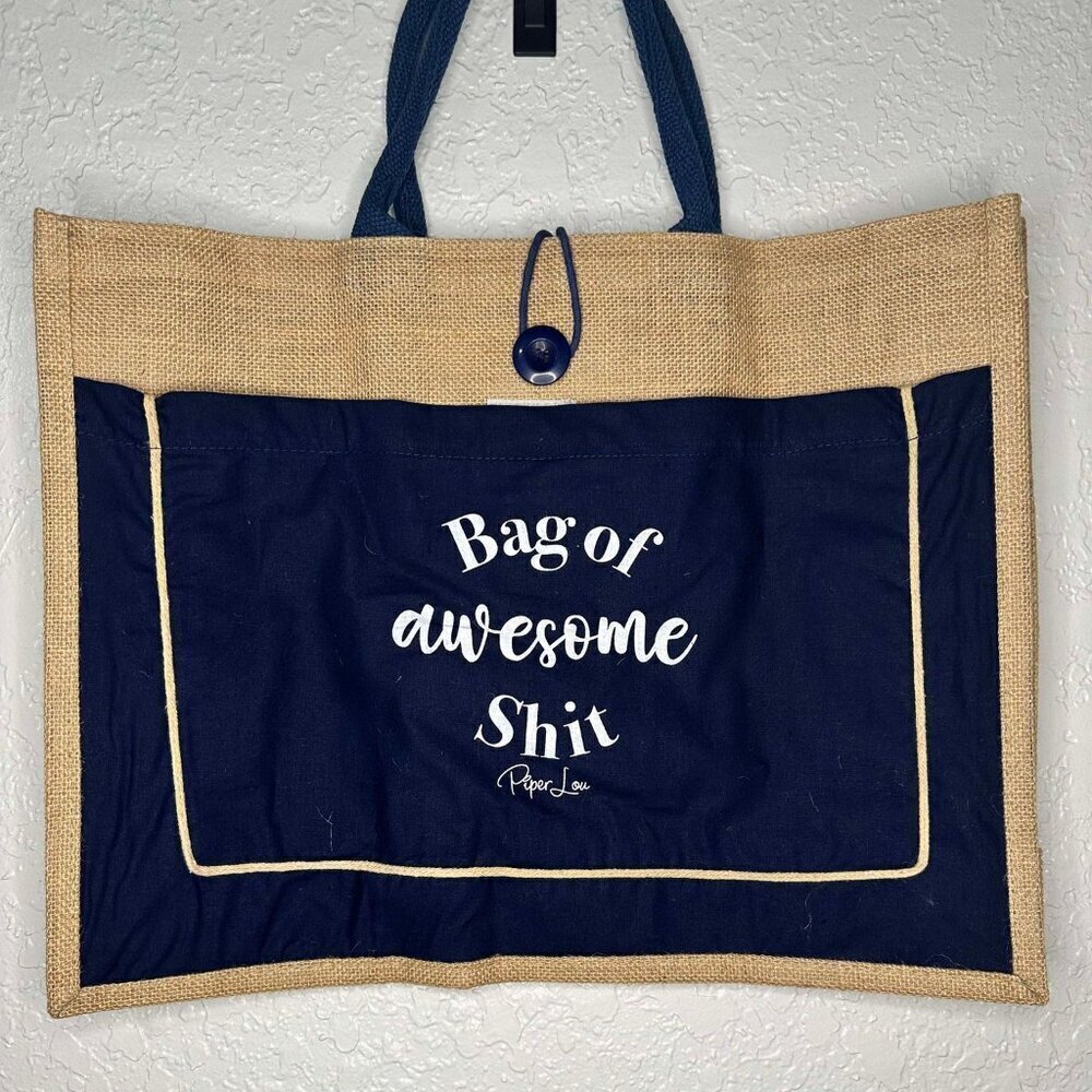 Piper Lou Bag of‎ Awesome Shit Burlap Tote Navy Blue Jute Market Beach Bag Humor